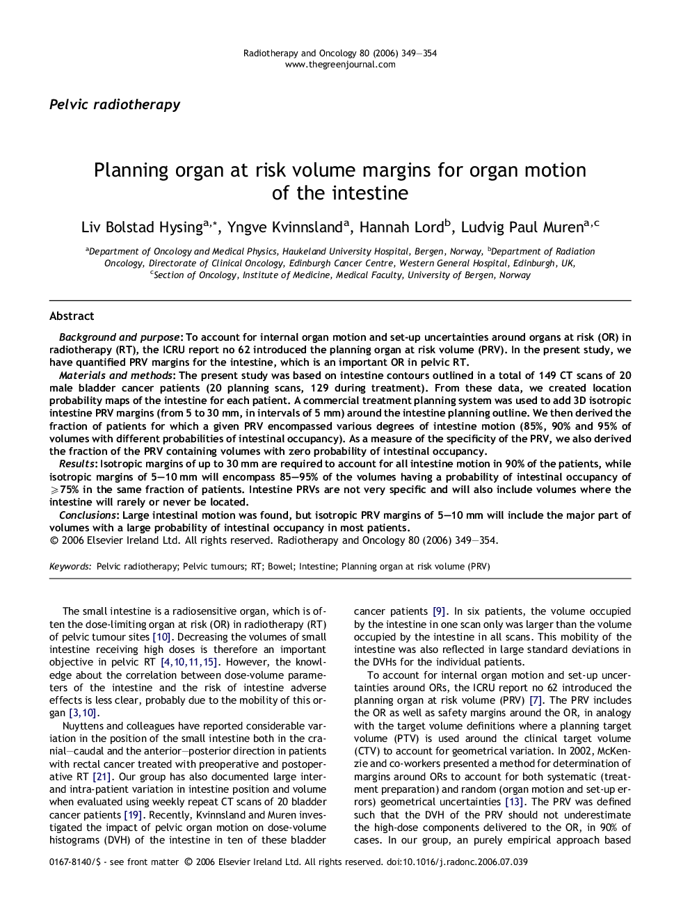 Planning organ at risk volume margins for organ motion of the intestine