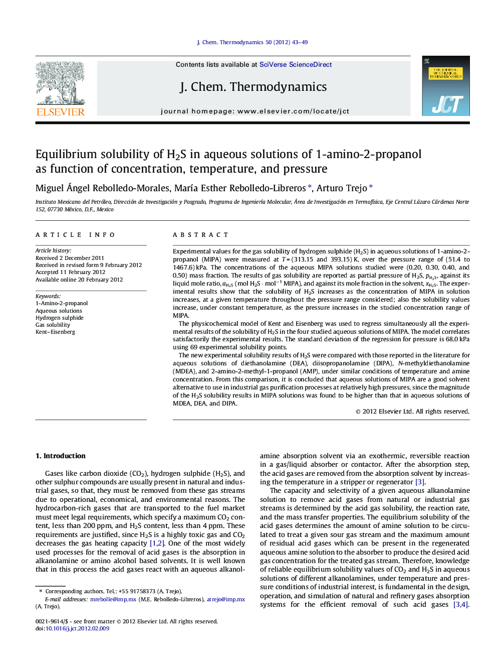 Equilibrium solubility of H2S in aqueous solutions of 1-amino-2-propanol as function of concentration, temperature, and pressure