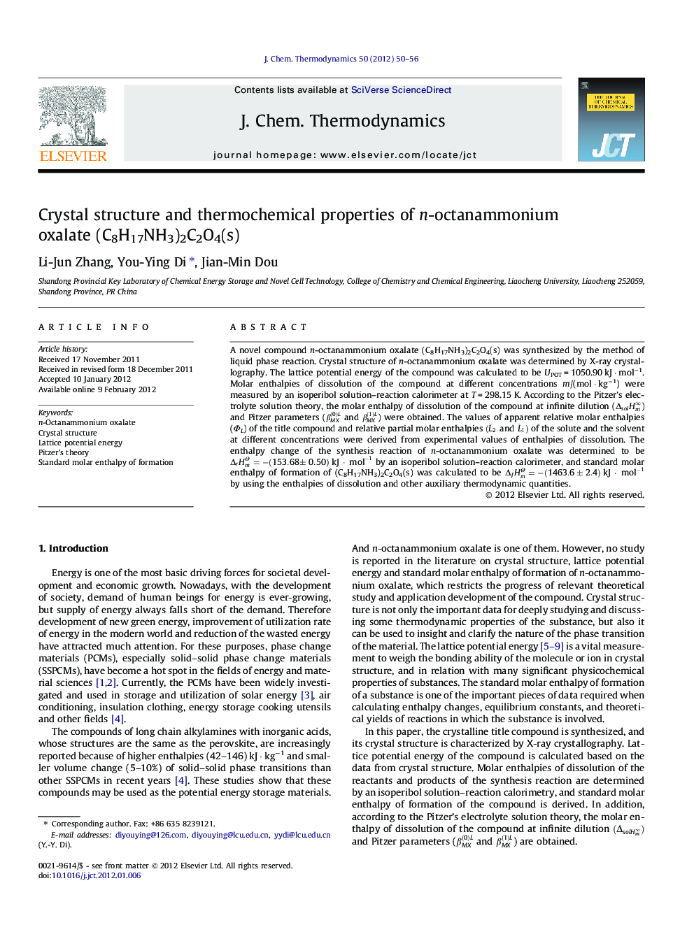 Crystal structure and thermochemical properties of n-octanammonium oxalate (C8H17NH3)2C2O4(s)