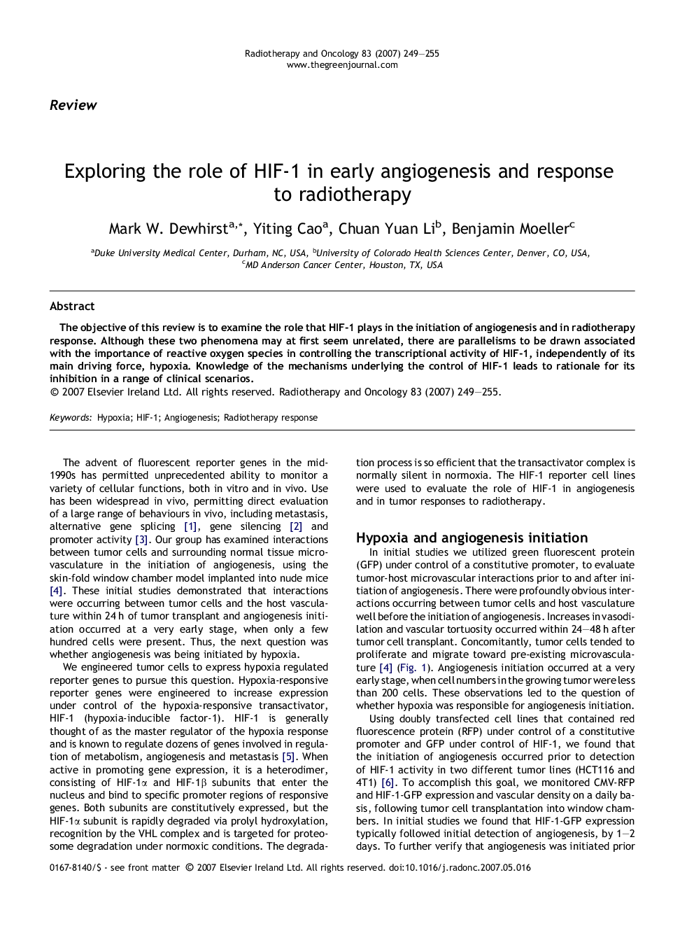 Exploring the role of HIF-1 in early angiogenesis and response to radiotherapy