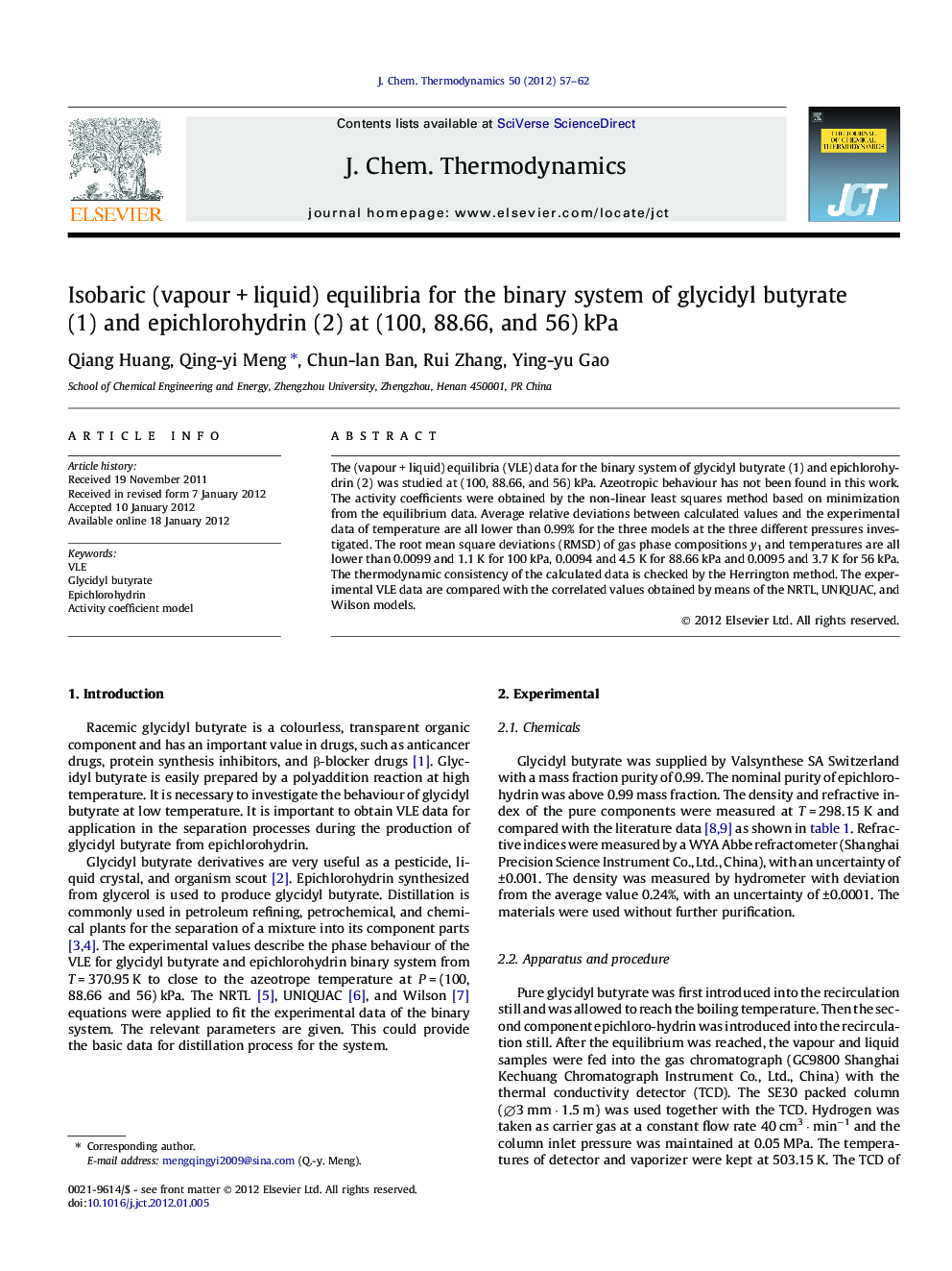 Isobaric (vapour + liquid) equilibria for the binary system of glycidyl butyrate (1) and epichlorohydrin (2) at (100, 88.66, and 56) kPa