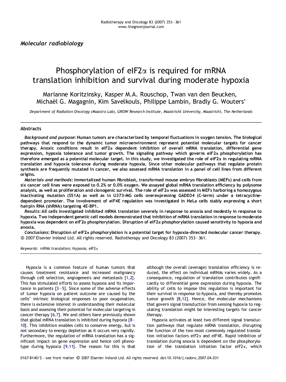 Phosphorylation of eIF2α is required for mRNA translation inhibition and survival during moderate hypoxia