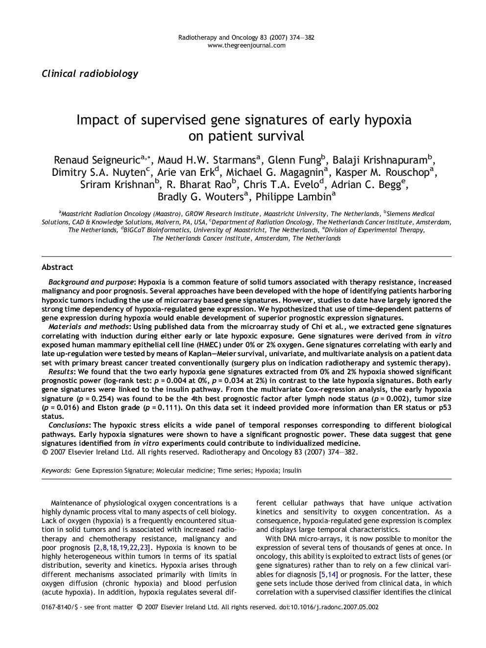 Impact of supervised gene signatures of early hypoxia on patient survival