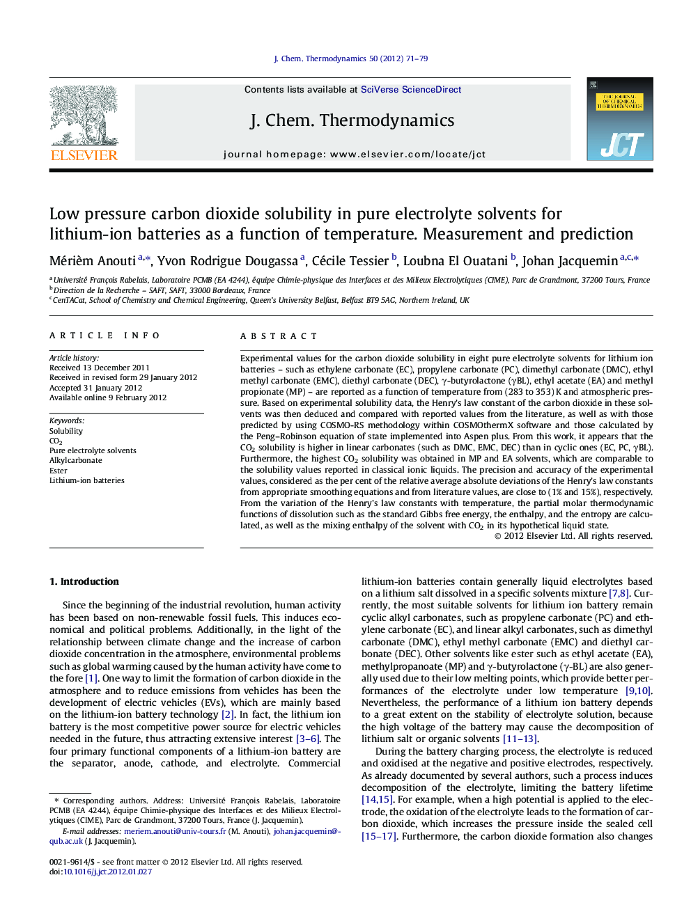 Low pressure carbon dioxide solubility in pure electrolyte solvents for lithium-ion batteries as a function of temperature. Measurement and prediction