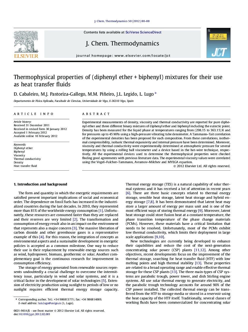 Thermophysical properties of (diphenyl ether + biphenyl) mixtures for their use as heat transfer fluids