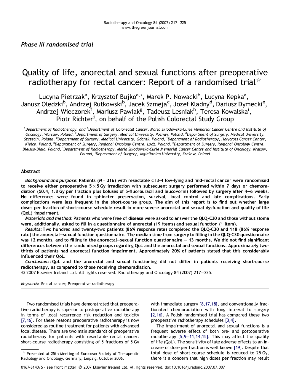 Quality of life, anorectal and sexual functions after preoperative radiotherapy for rectal cancer: Report of a randomised trial