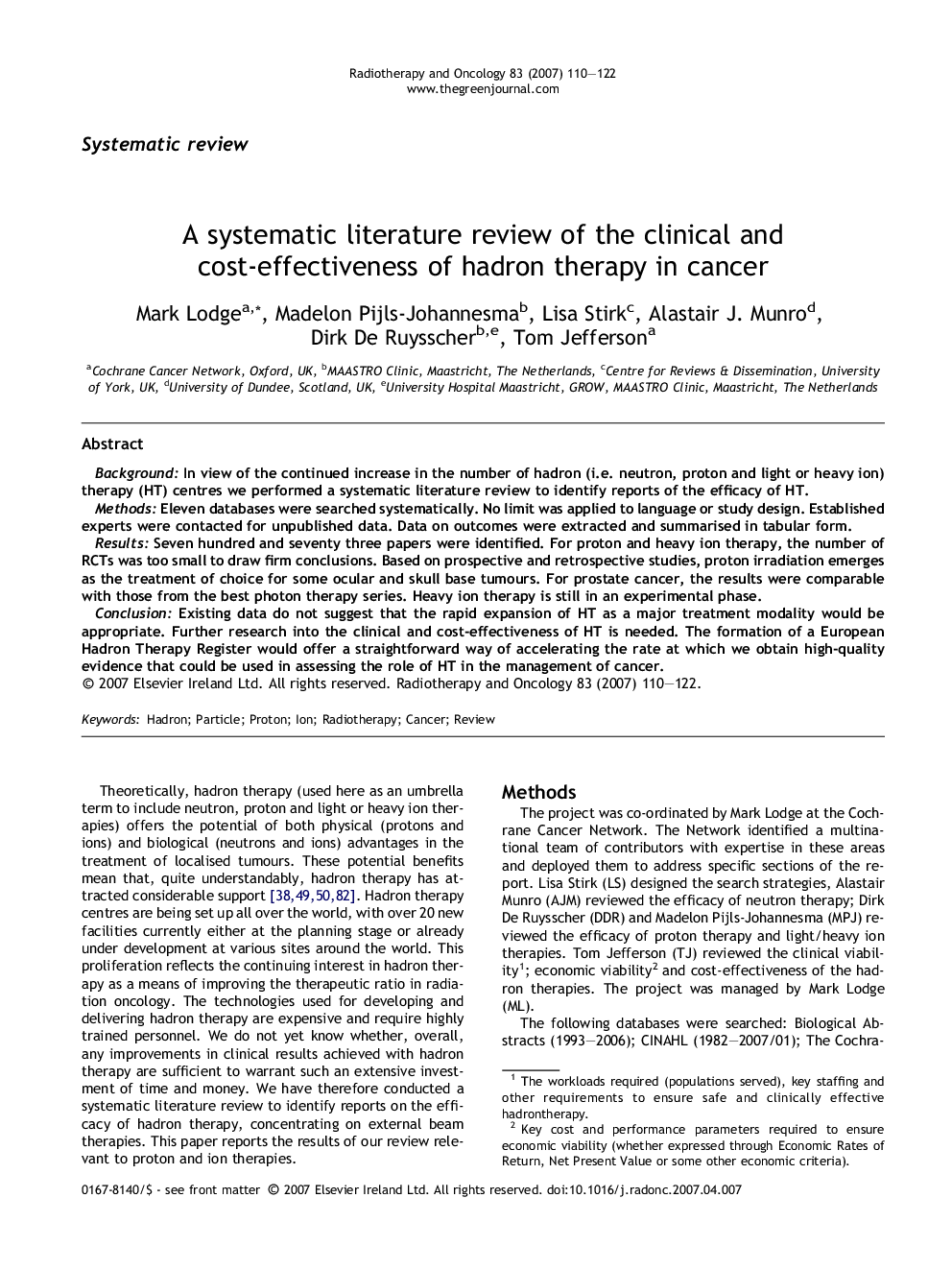 A systematic literature review of the clinical and cost-effectiveness of hadron therapy in cancer