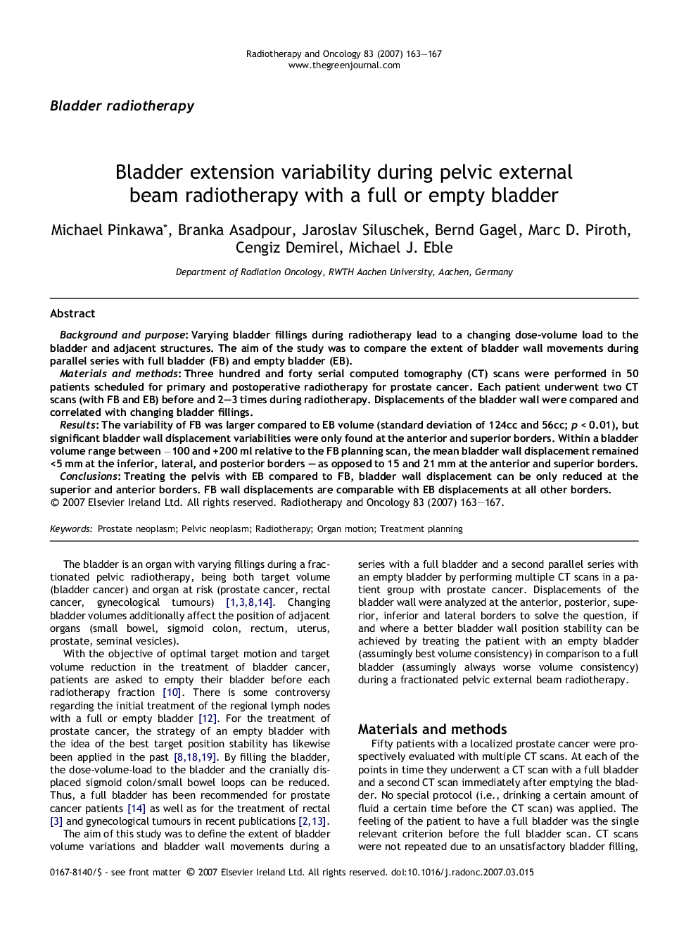 Bladder extension variability during pelvic external beam radiotherapy with a full or empty bladder