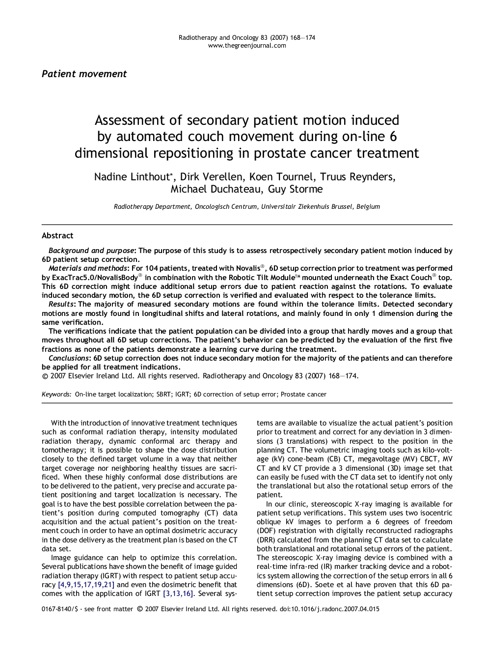 Assessment of secondary patient motion induced by automated couch movement during on-line 6 dimensional repositioning in prostate cancer treatment