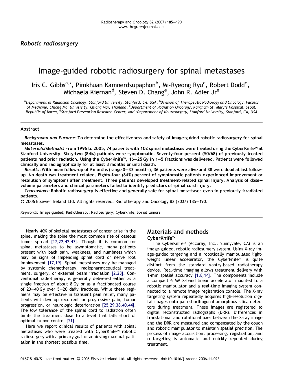 Image-guided robotic radiosurgery for spinal metastases