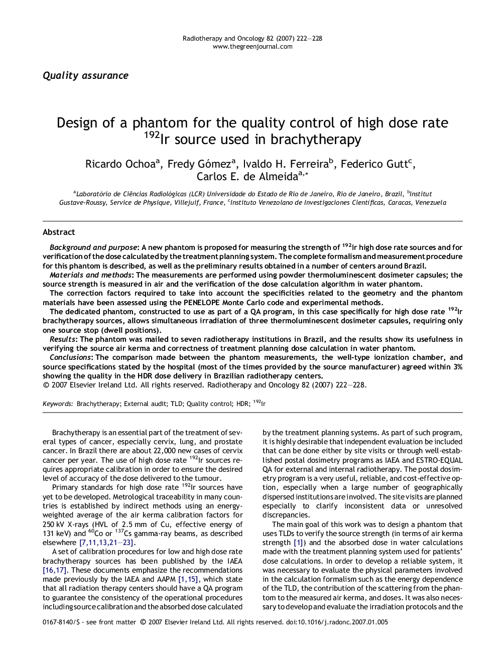 Design of a phantom for the quality control of high dose rate 192Ir source used in brachytherapy