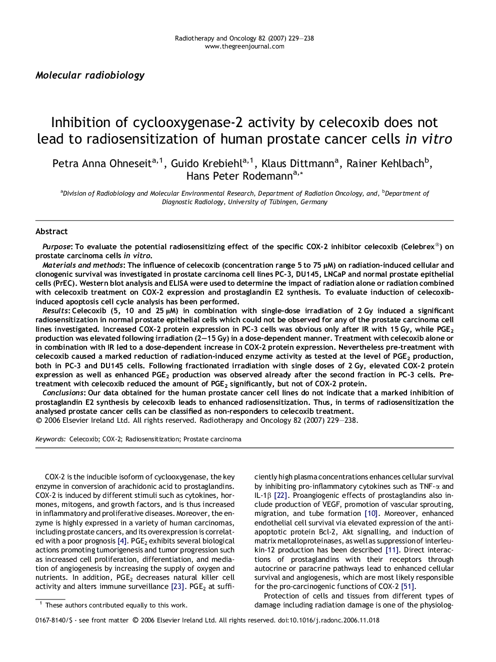 Inhibition of cyclooxygenase-2 activity by celecoxib does not lead to radiosensitization of human prostate cancer cells in vitro