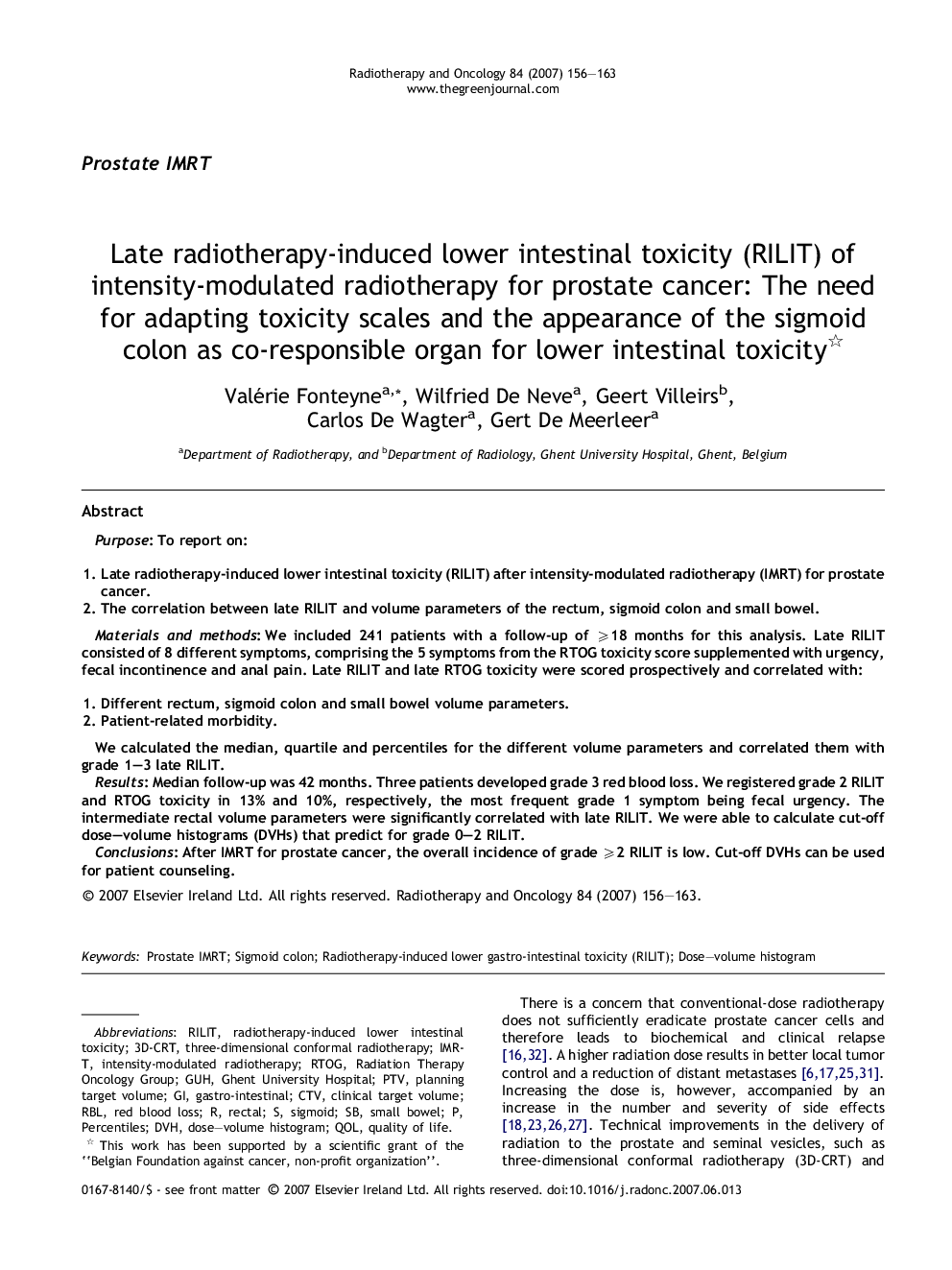عکس صفحه اول مقاله: Late radiotherapy-induced lower intestinal toxicity (RILIT) of intensity-modulated radiotherapy for prostate cancer: The need for adapting toxicity scales and the appearance of the sigmoid colon as co-responsible organ for lower intestinal toxicity Late radiotherapy-induced lower intestinal toxicity (RILIT) of intensity-modulated radiotherapy for prostate cancer: The need for adapting toxicity scales and the appearance of the sigmoid colon as co-responsible organ for lower intestinal toxicity