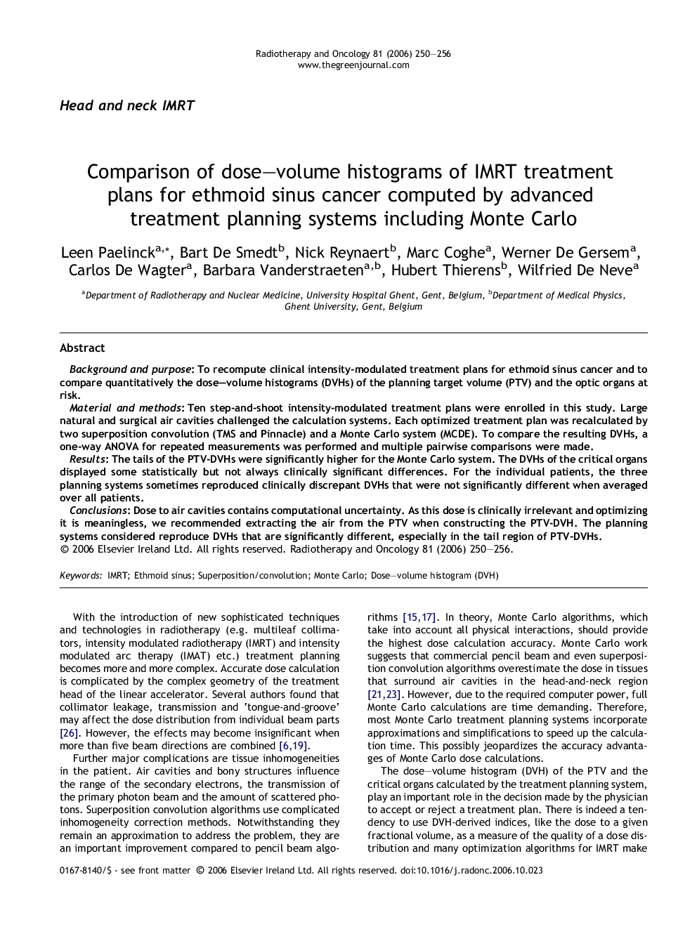 Comparison of dose-volume histograms of IMRT treatment plans for ethmoid sinus cancer computed by advanced treatment planning systems including Monte Carlo