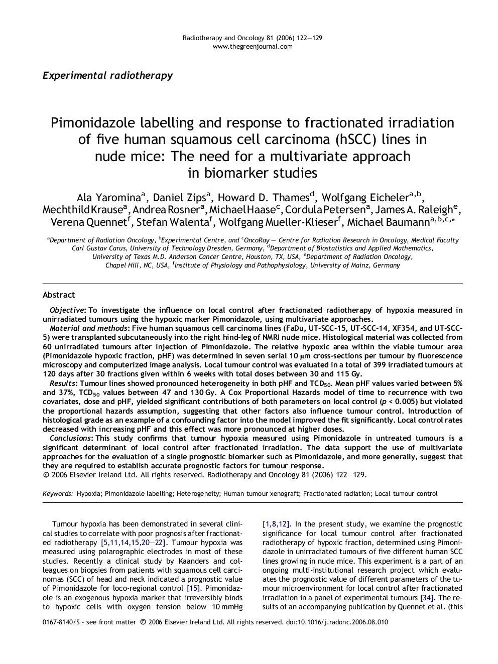 Pimonidazole labelling and response to fractionated irradiation of five human squamous cell carcinoma (hSCC) lines in nude mice: The need for a multivariate approach in biomarker studies