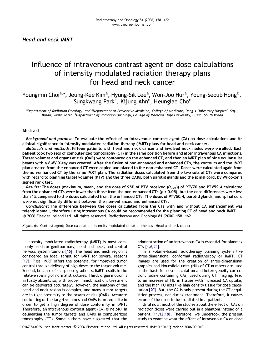 Influence of intravenous contrast agent on dose calculations of intensity modulated radiation therapy plans for head and neck cancer