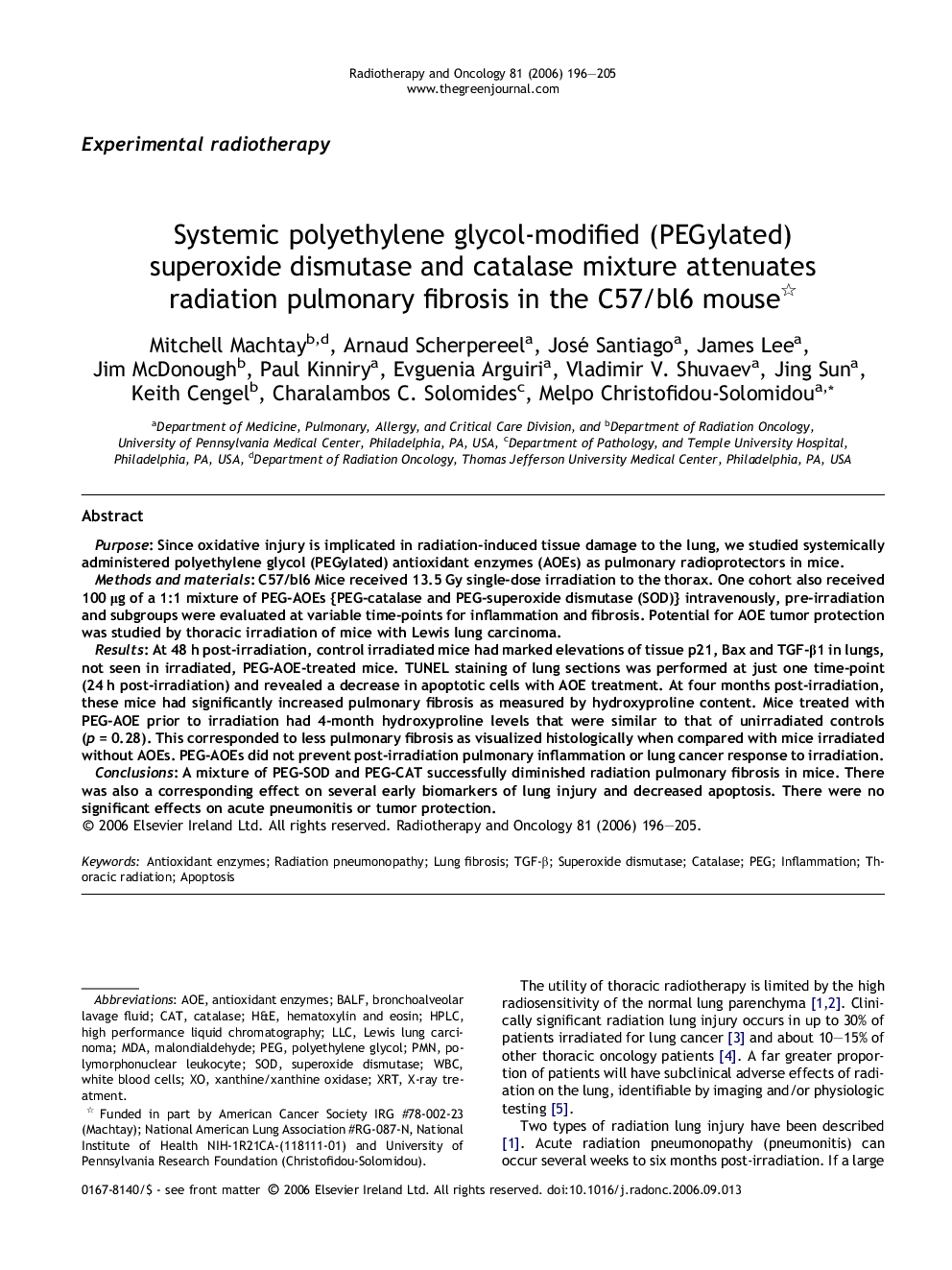 Systemic polyethylene glycol-modified (PEGylated) superoxide dismutase and catalase mixture attenuates radiation pulmonary fibrosis in the C57/bl6 mouse 