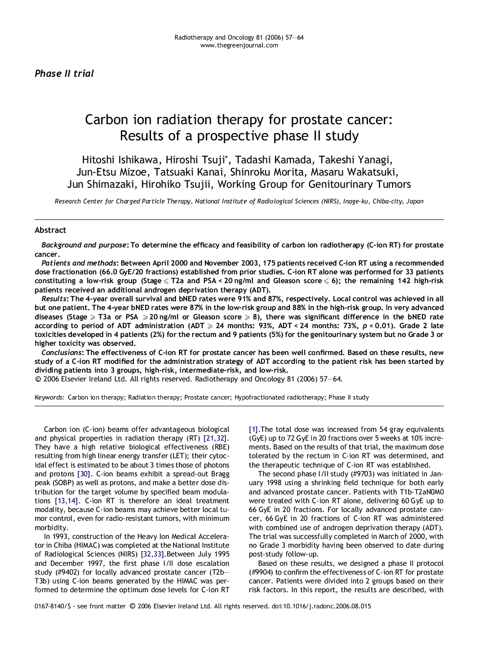 Carbon ion radiation therapy for prostate cancer: Results of a prospective phase II study