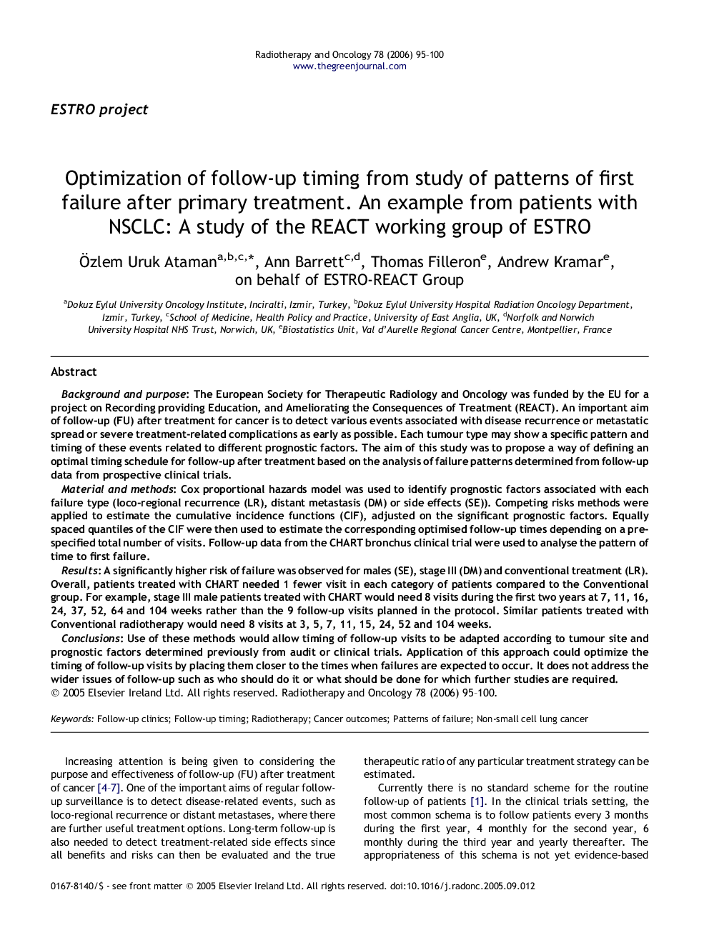 Optimization of follow-up timing from study of patterns of first failure after primary treatment. An example from patients with NSCLC: A study of the REACT working group of ESTRO