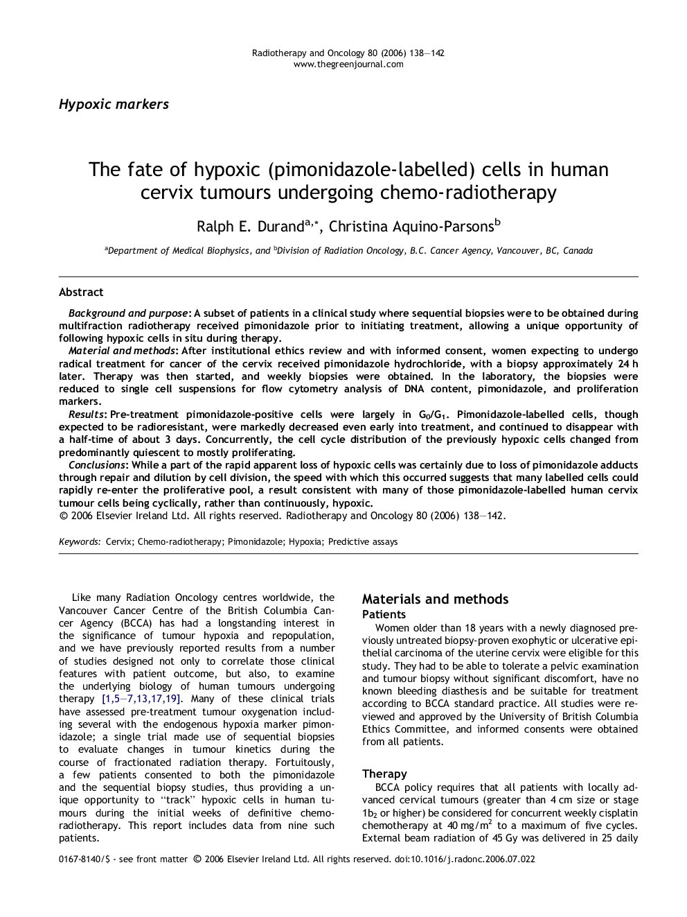 The fate of hypoxic (pimonidazole-labelled) cells in human cervix tumours undergoing chemo-radiotherapy