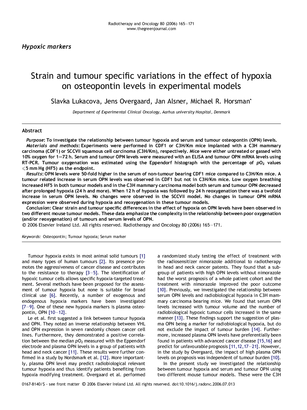 Strain and tumour specific variations in the effect of hypoxia on osteopontin levels in experimental models