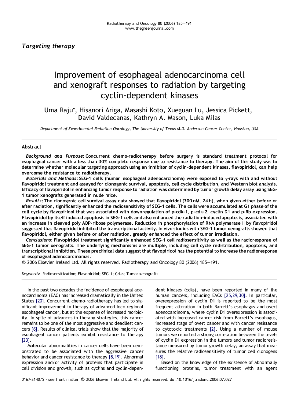 Improvement of esophageal adenocarcinoma cell and xenograft responses to radiation by targeting cyclin-dependent kinases