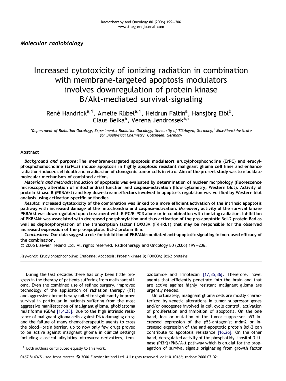 Increased cytotoxicity of ionizing radiation in combination with membrane-targeted apoptosis modulators involves downregulation of protein kinase B/Akt-mediated survival-signaling