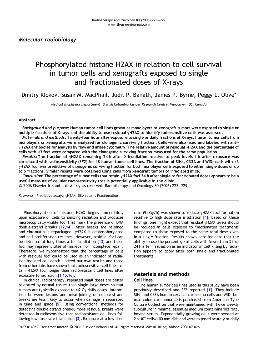 Phosphorylated histone H2AX in relation to cell survival in tumor cells and xenografts exposed to single and fractionated doses of X-rays