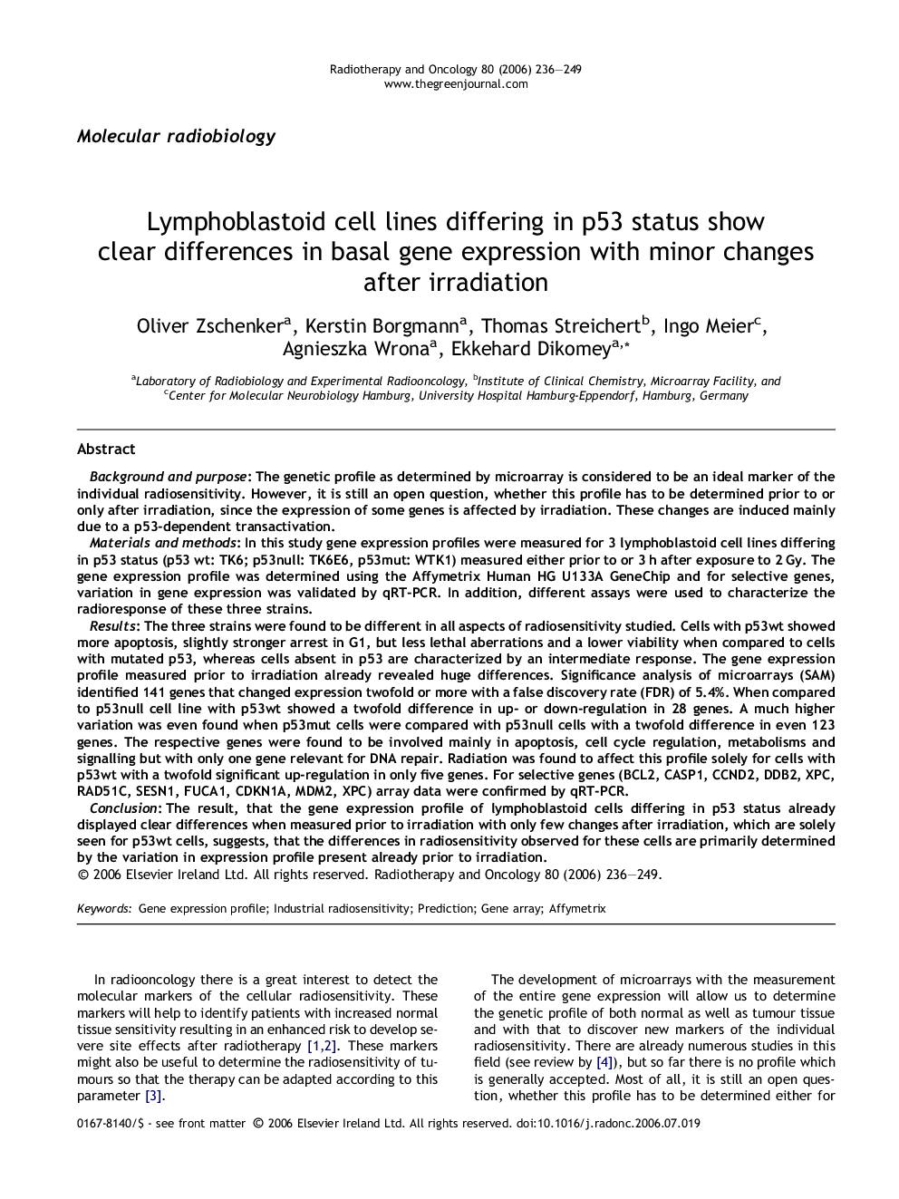 Lymphoblastoid cell lines differing in p53 status show clear differences in basal gene expression with minor changes after irradiation