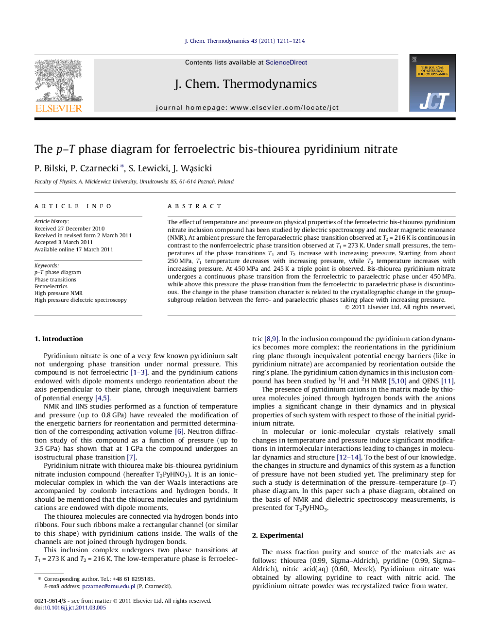 The p–T phase diagram for ferroelectric bis-thiourea pyridinium nitrate