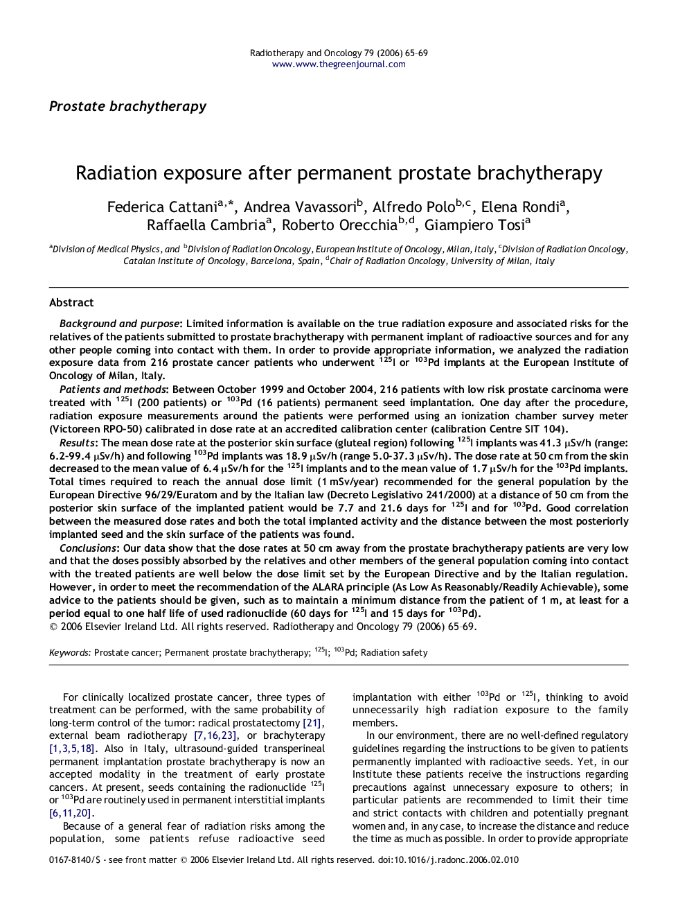 Radiation exposure after permanent prostate brachytherapy