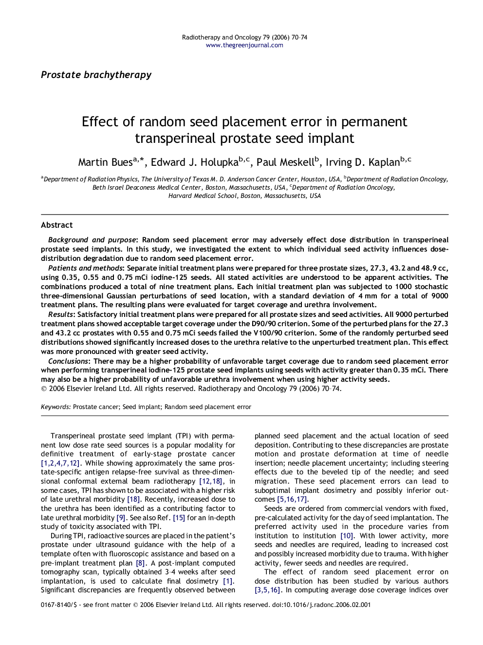 Effect of random seed placement error in permanent transperineal prostate seed implant