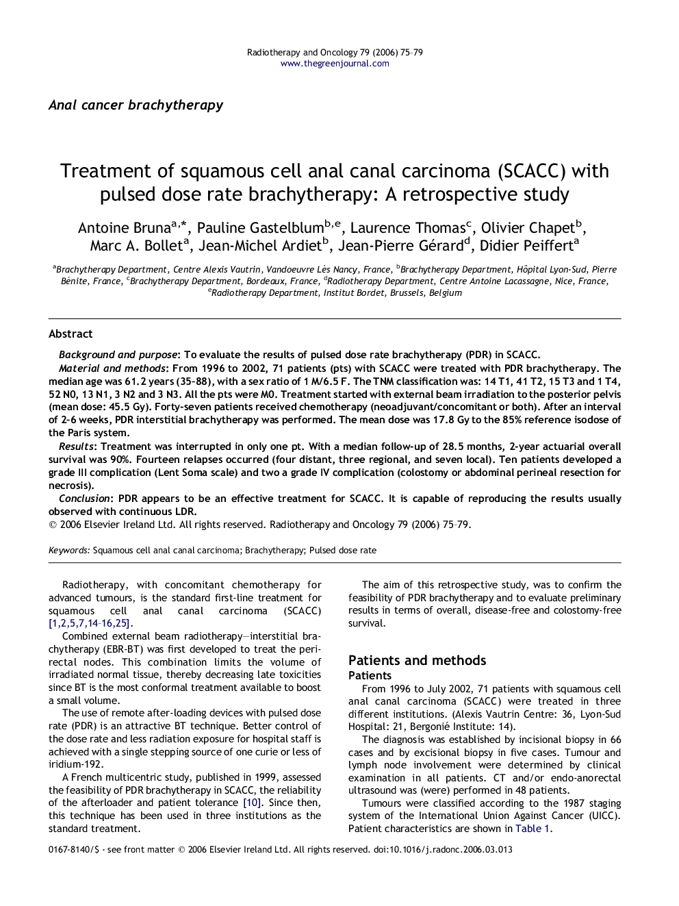 Treatment of squamous cell anal canal carcinoma (SCACC) with pulsed dose rate brachytherapy: A retrospective study