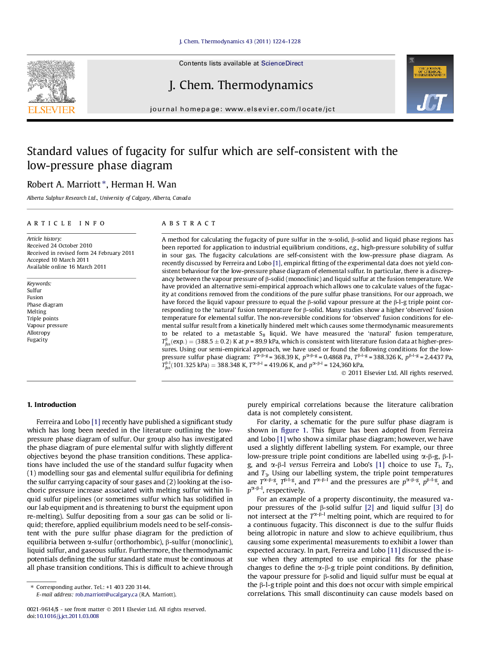 Standard values of fugacity for sulfur which are self-consistent with the low-pressure phase diagram