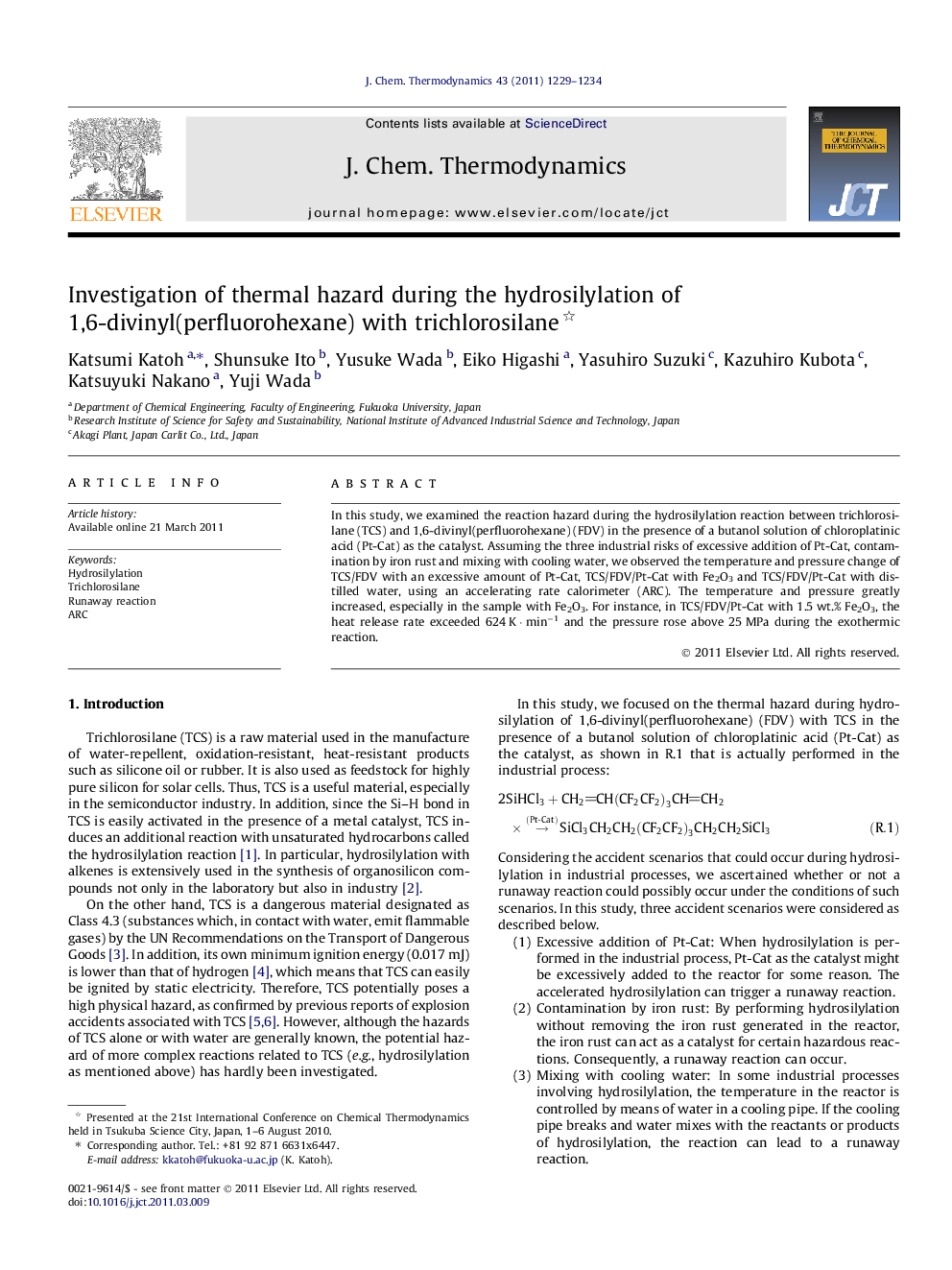 Investigation of thermal hazard during the hydrosilylation of 1,6-divinyl(perfluorohexane) with trichlorosilane 
