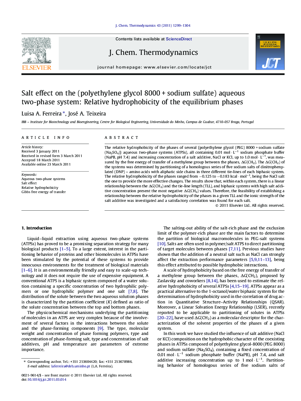 Salt effect on the (polyethylene glycol 8000 + sodium sulfate) aqueous two-phase system: Relative hydrophobicity of the equilibrium phases