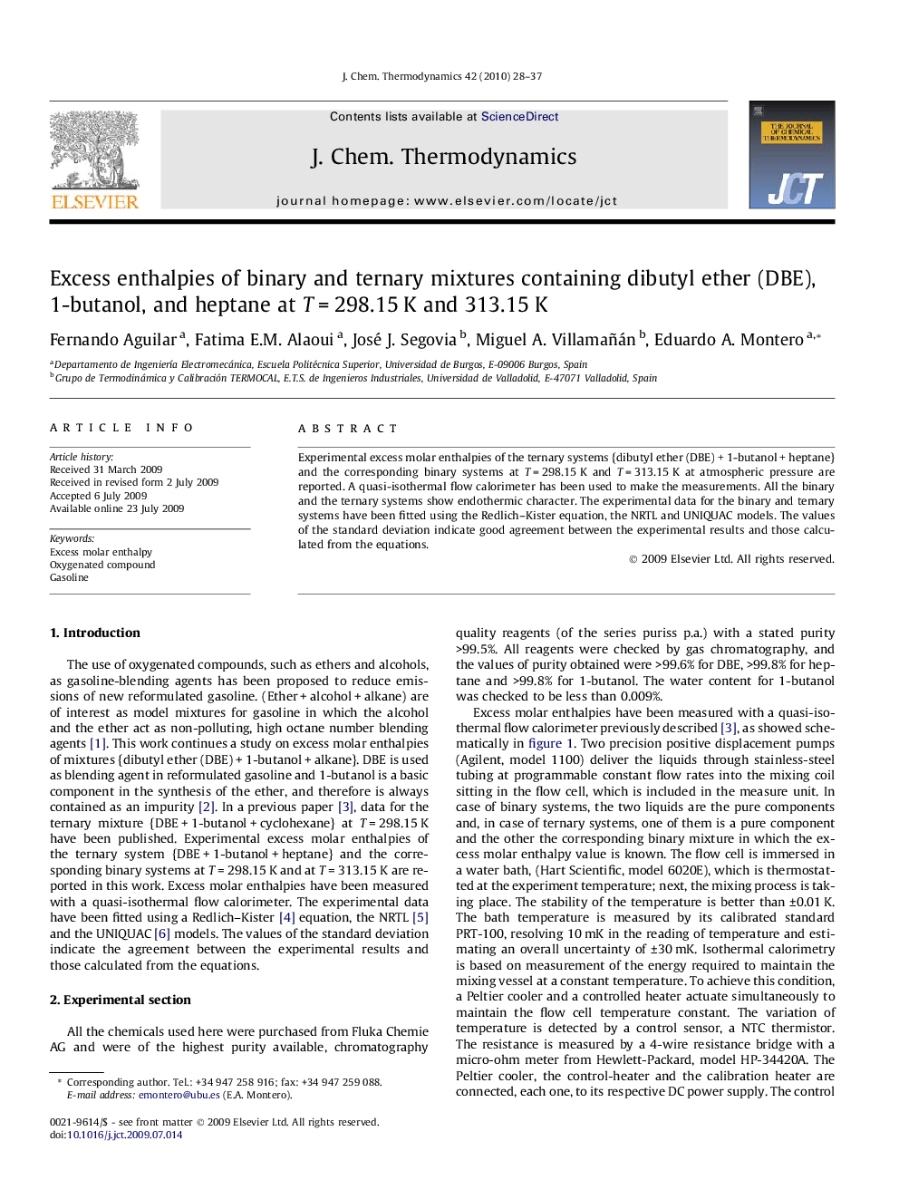 Excess enthalpies of binary and ternary mixtures containing dibutyl ether (DBE), 1-butanol, and heptane at T = 298.15 K and 313.15 K