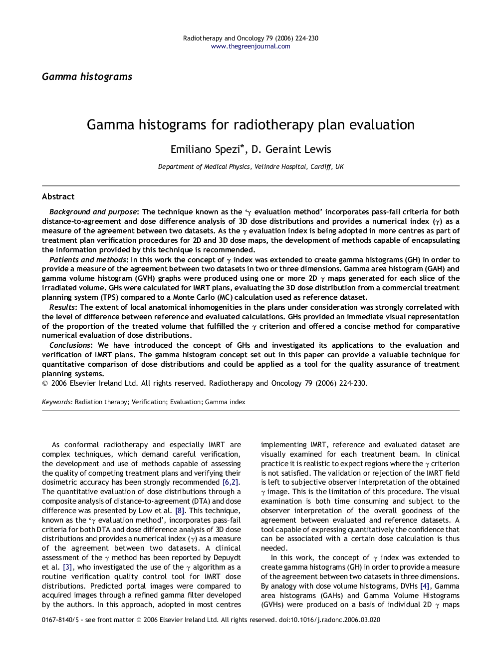 Gamma histograms for radiotherapy plan evaluation