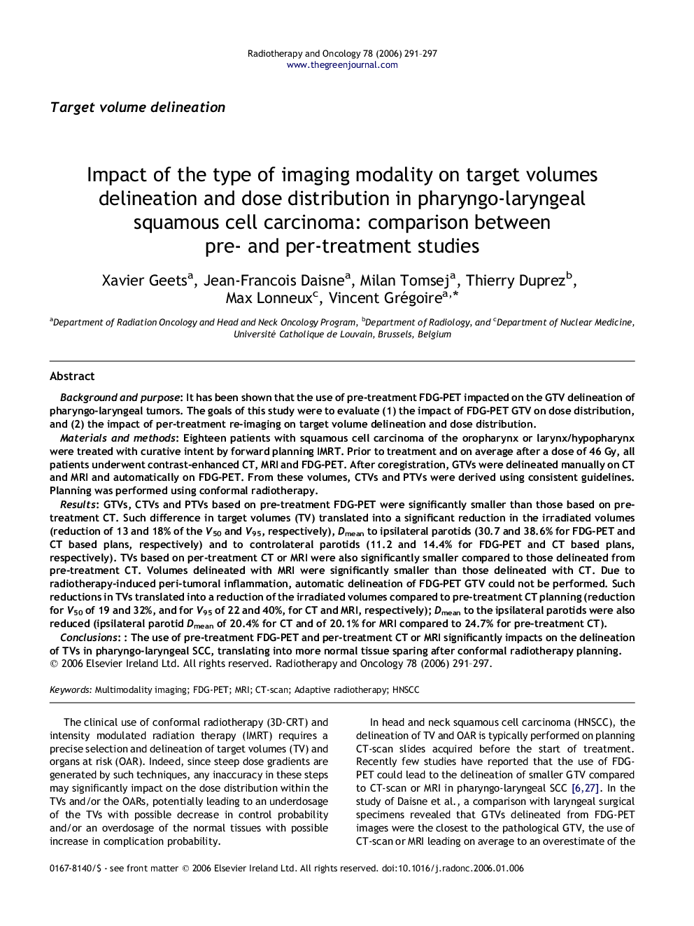 Impact of the type of imaging modality on target volumes delineation and dose distribution in pharyngo-laryngeal squamous cell carcinoma: comparison between pre- and per-treatment studies