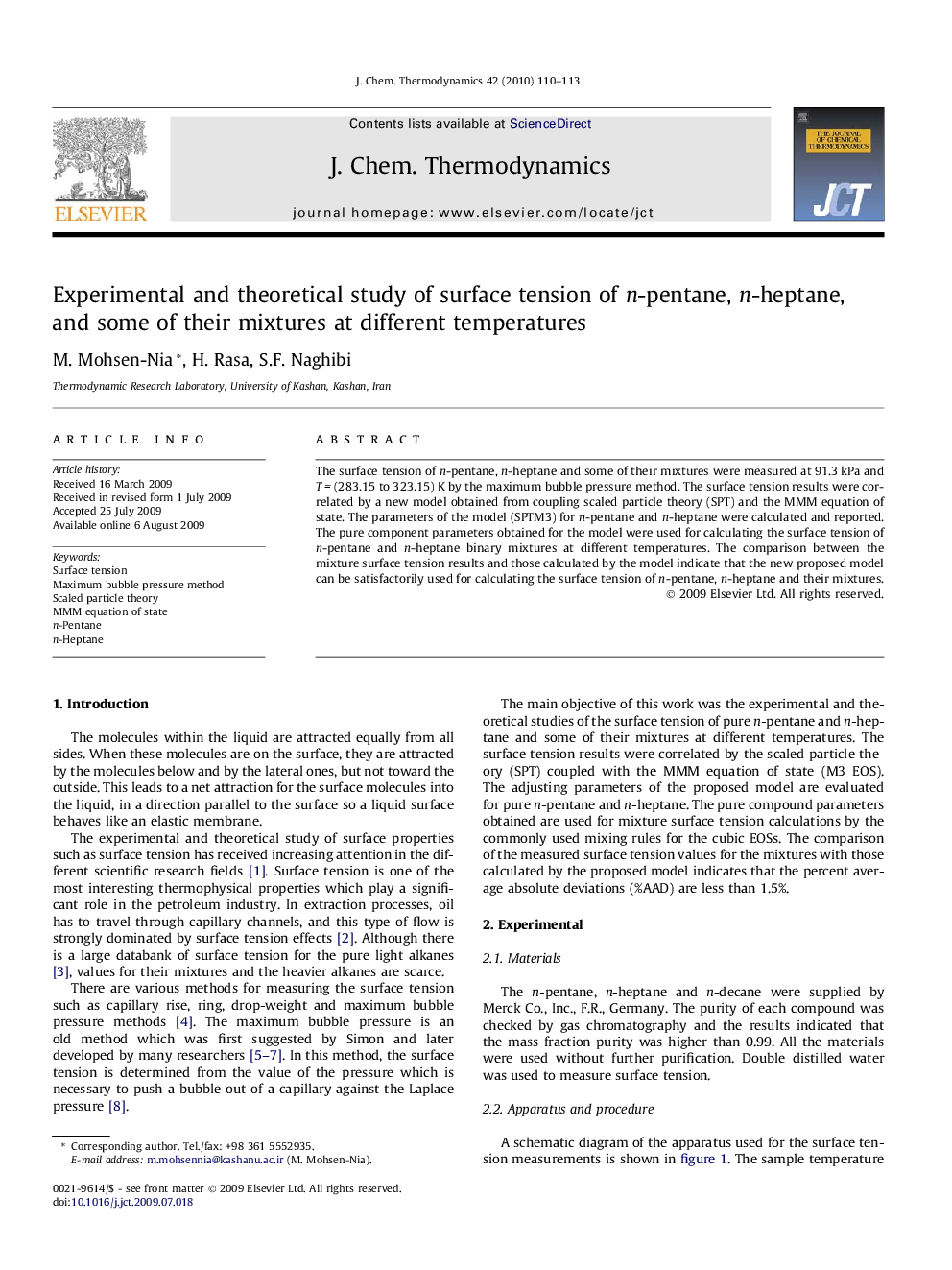 Experimental and theoretical study of surface tension of n-pentane, n-heptane, and some of their mixtures at different temperatures