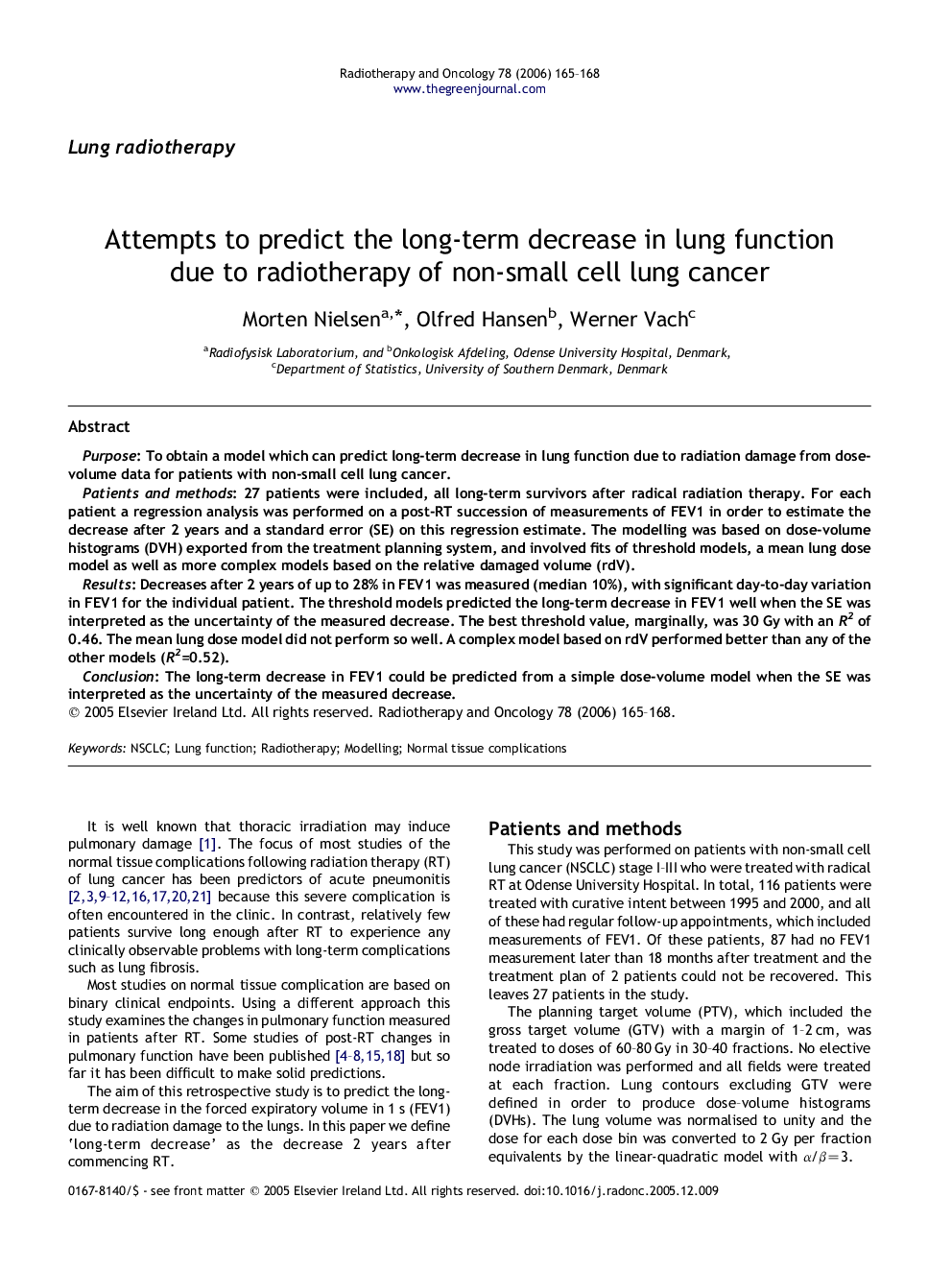 Attempts to predict the long-term decrease in lung function due to radiotherapy of non-small cell lung cancer