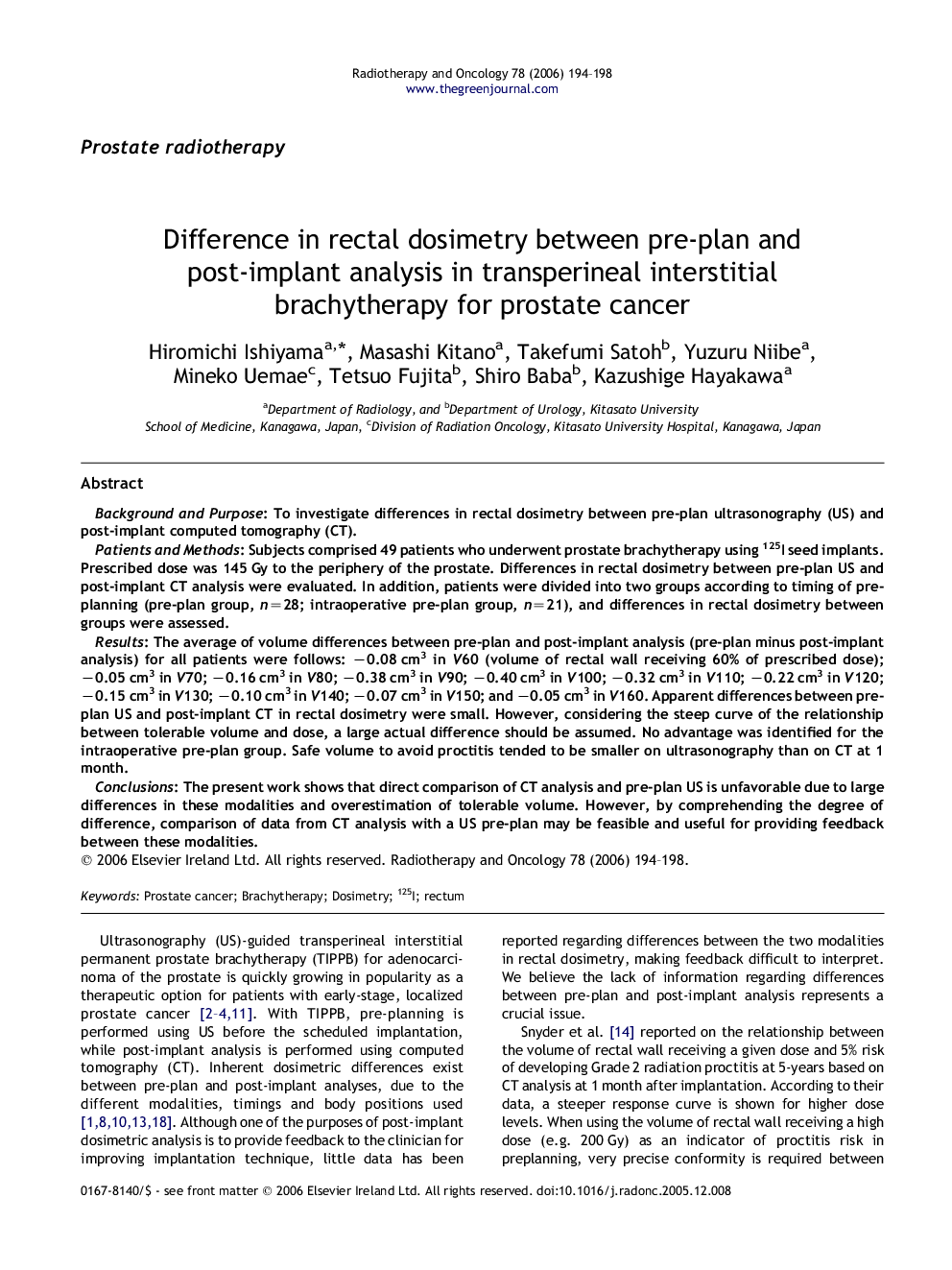 Difference in rectal dosimetry between pre-plan and post-implant analysis in transperineal interstitial brachytherapy for prostate cancer