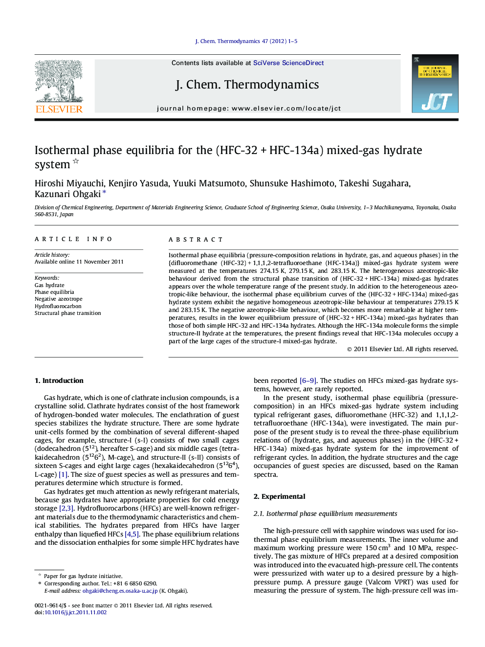 Isothermal phase equilibria for the (HFC-32 + HFC-134a) mixed-gas hydrate system 