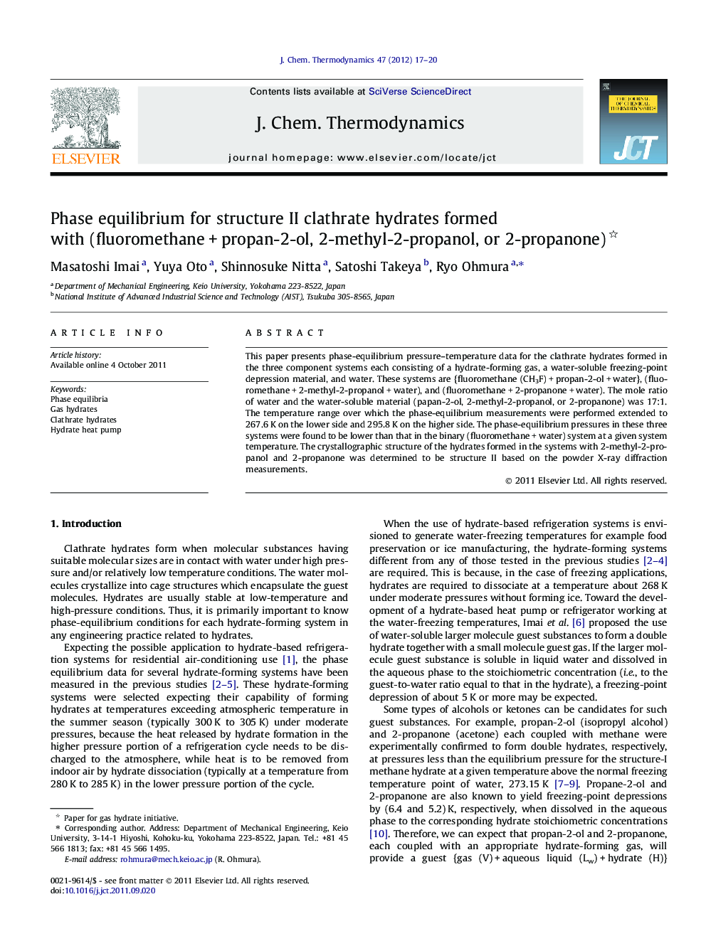 Phase equilibrium for structure II clathrate hydrates formed with (fluoromethane + propan-2-ol, 2-methyl-2-propanol, or 2-propanone) 