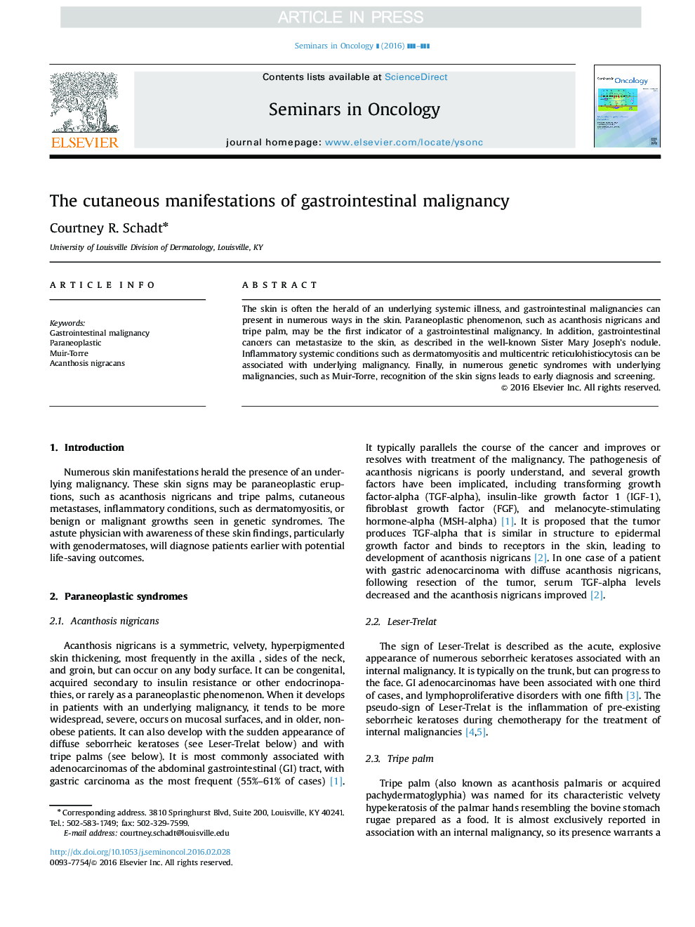 The cutaneous manifestations of gastrointestinal malignancy