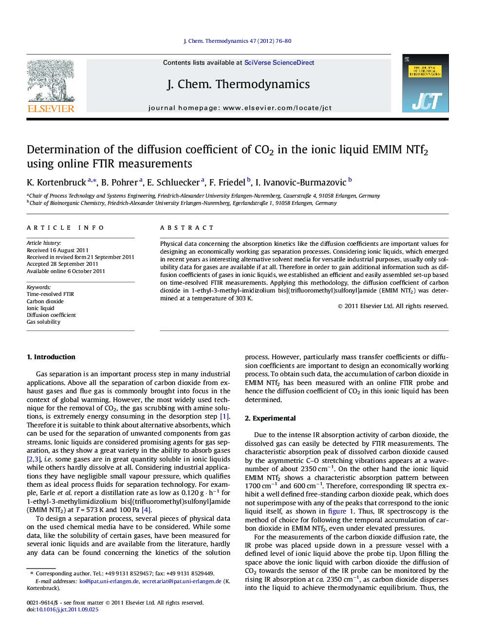 Determination of the diffusion coefficient of CO2 in the ionic liquid EMIM NTf2 using online FTIR measurements