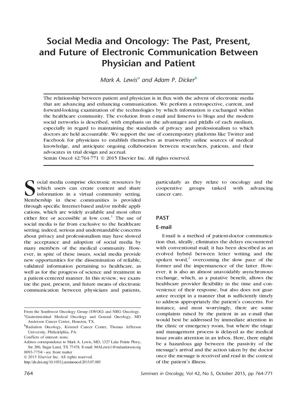 Social Media and Oncology: The Past, Present, and Future of Electronic Communication Between Physician and Patient