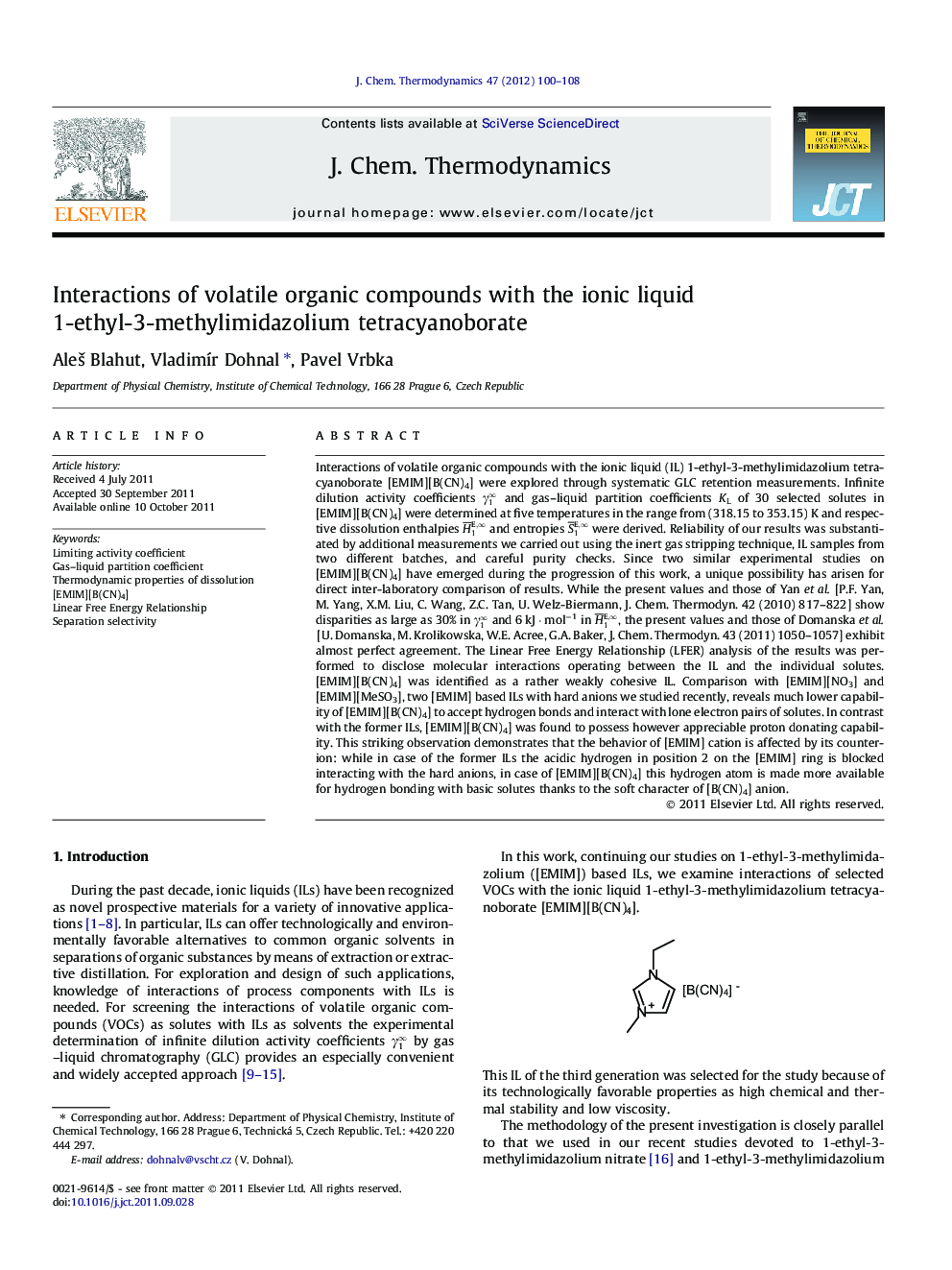 Interactions of volatile organic compounds with the ionic liquid 1-ethyl-3-methylimidazolium tetracyanoborate