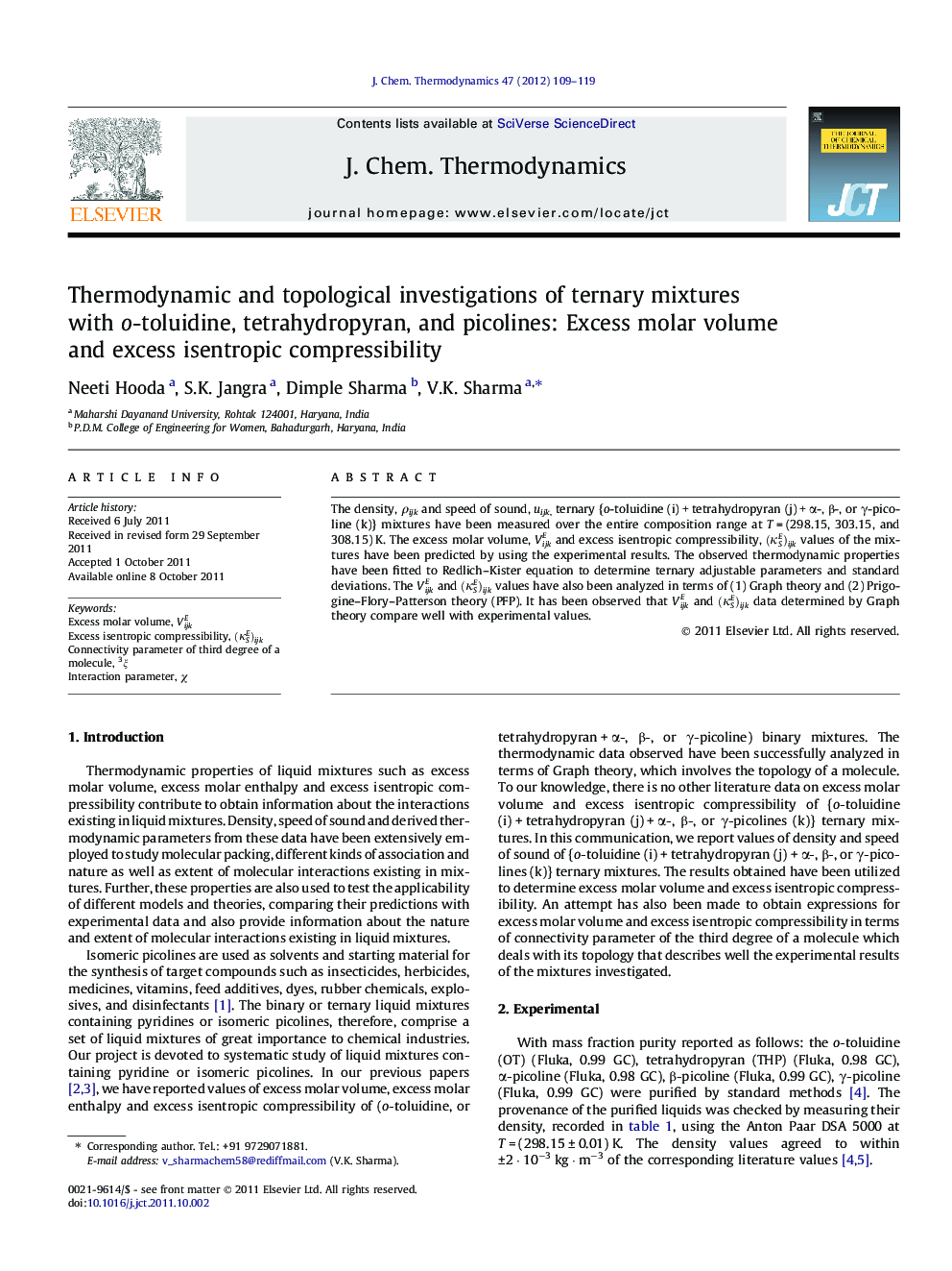 Thermodynamic and topological investigations of ternary mixtures with o-toluidine, tetrahydropyran, and picolines: Excess molar volume and excess isentropic compressibility