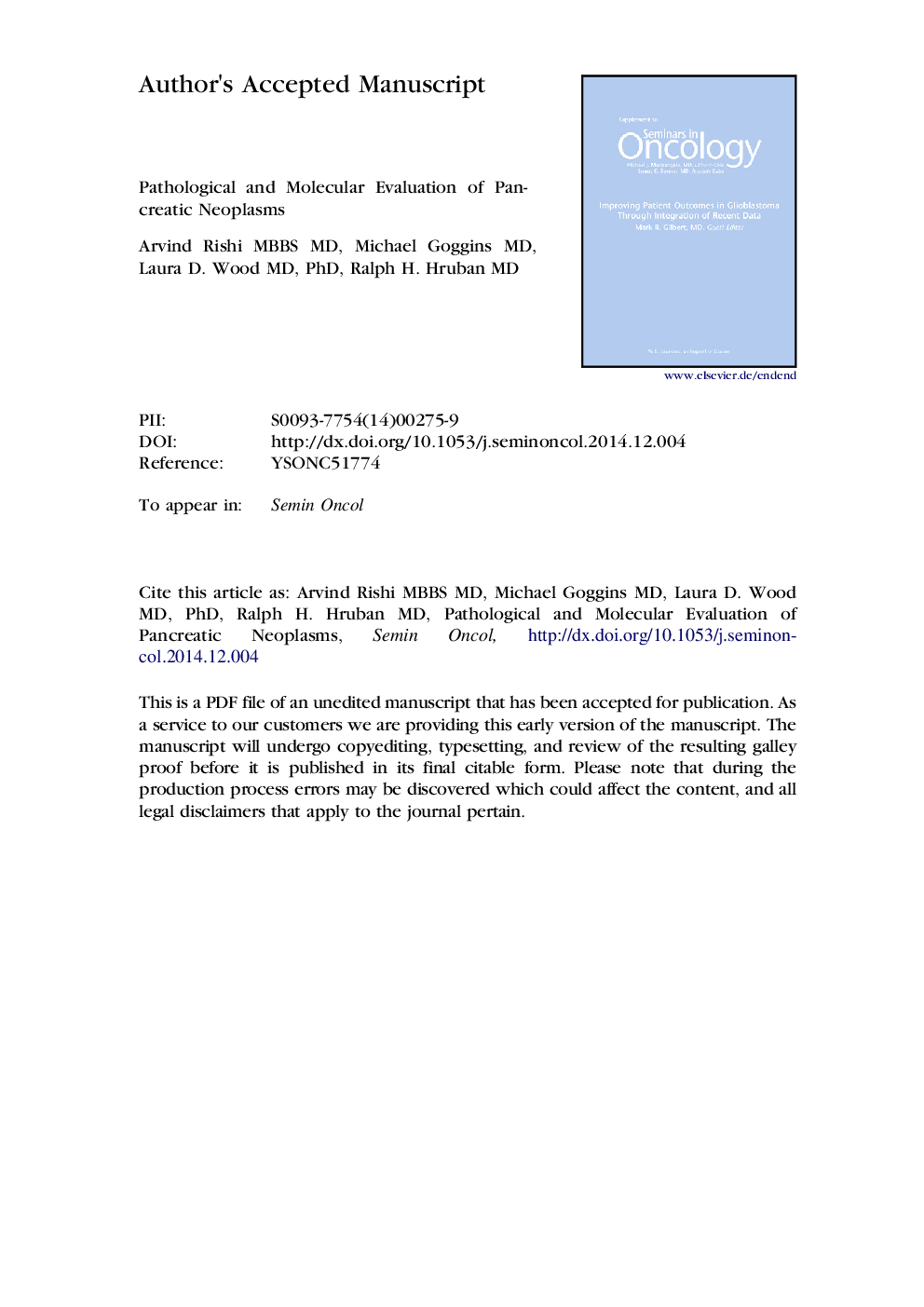 Pathological and Molecular Evaluation of Pancreatic Neoplasms